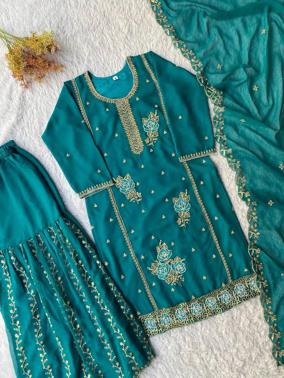 Black Gold Embroidery Gharara Set with Dupatta