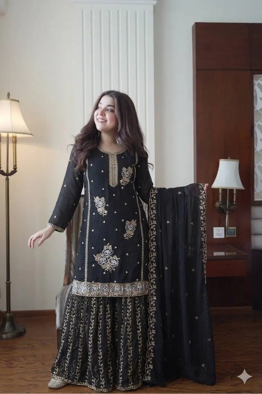 Black Gold Embroidery Gharara Set with Dupatta