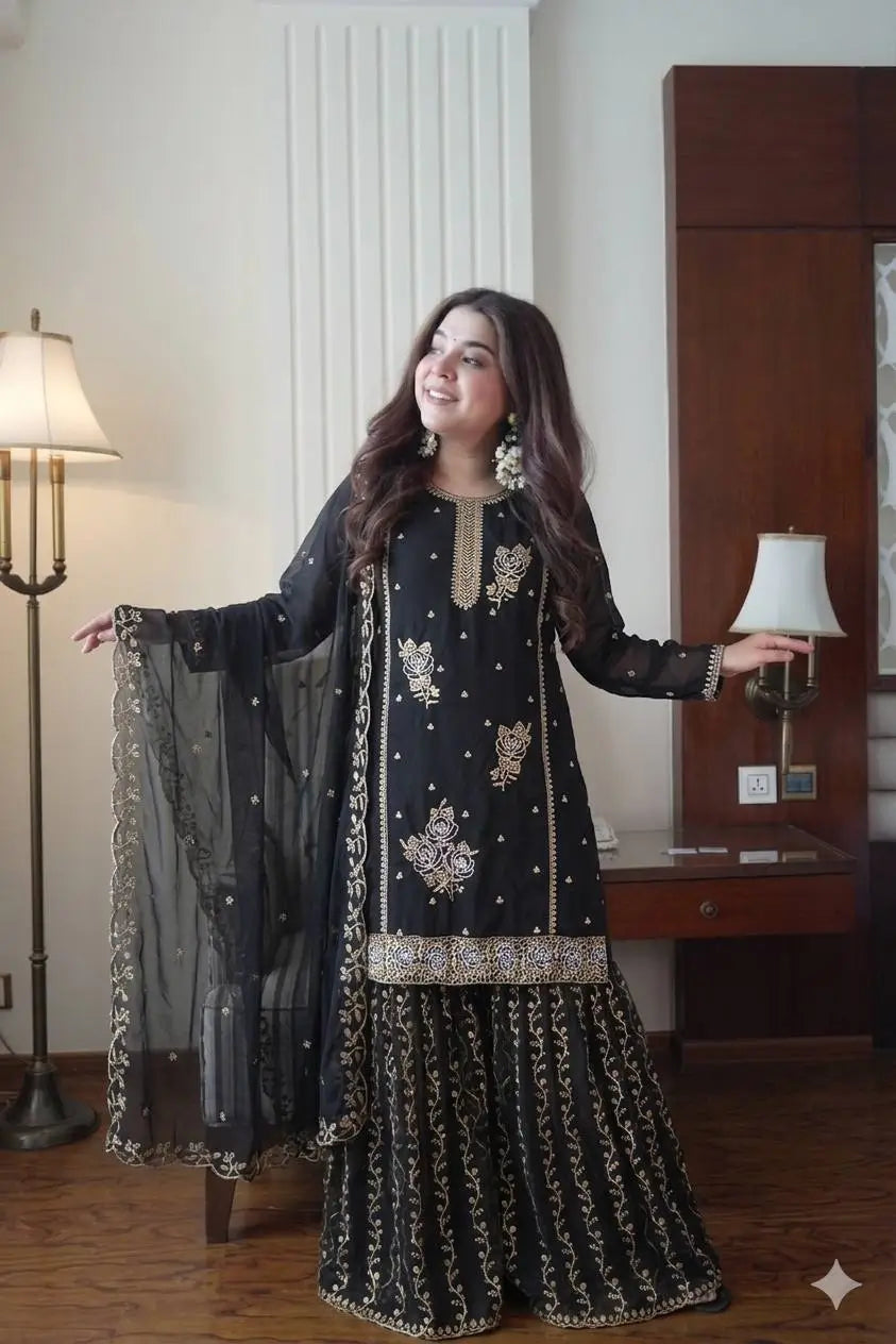 Black Gold Embroidery Gharara Set with Dupatta