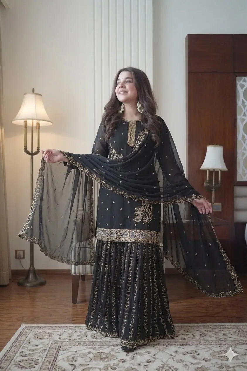 Black Gold Embroidery Gharara Set with Dupatta