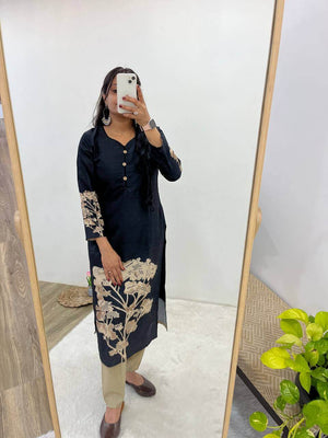 Black Muslin Floral Print Kurti Set with Dupatta