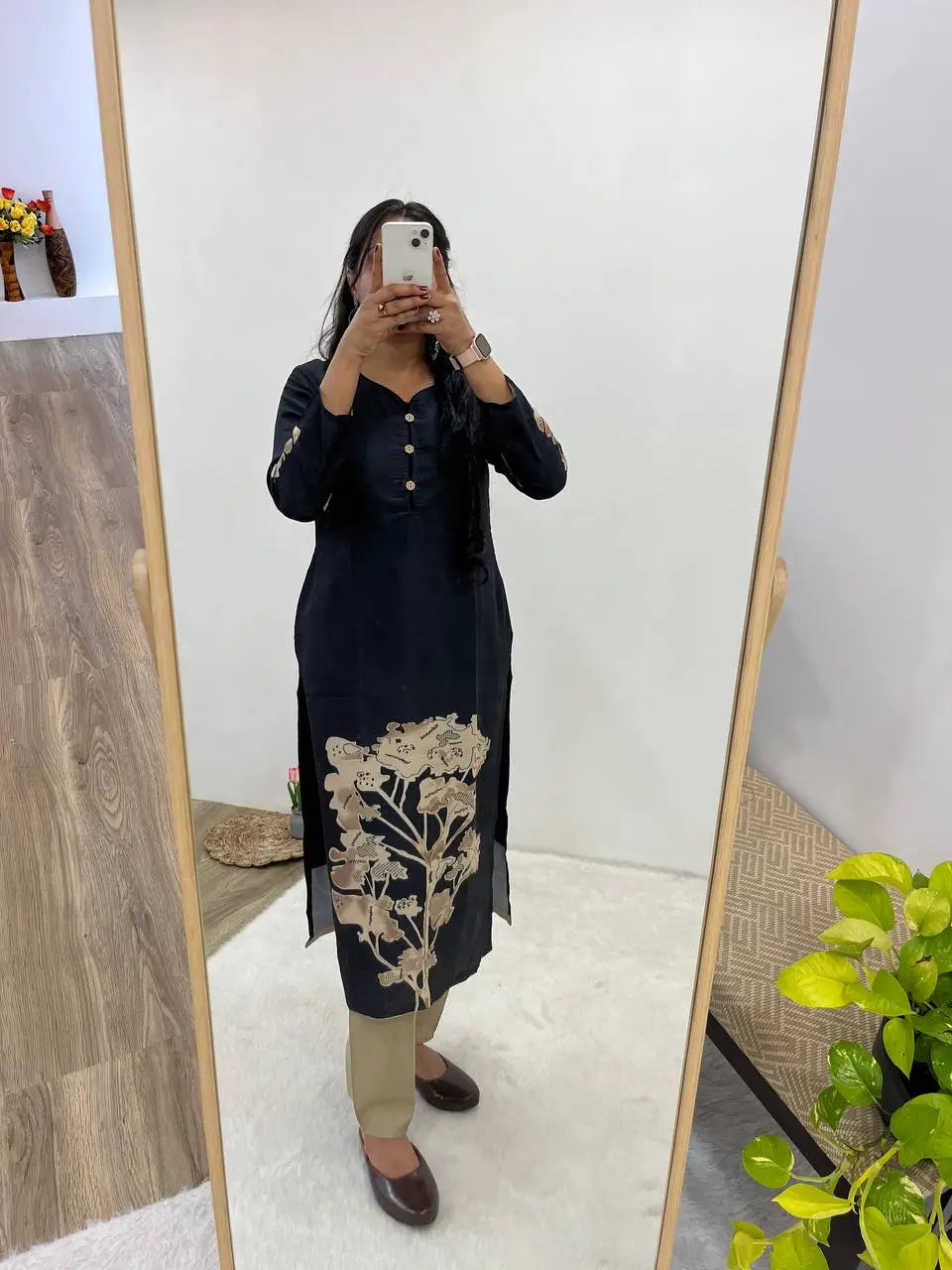 Black Muslin Floral Print Kurti Set with Dupatta