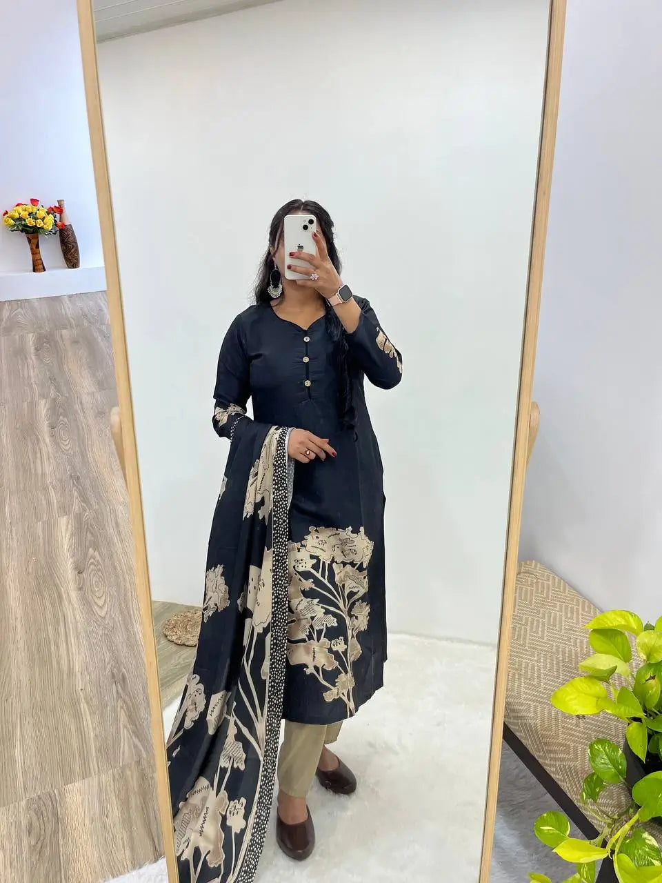 Black Muslin Floral Print Kurti Set with Dupatta