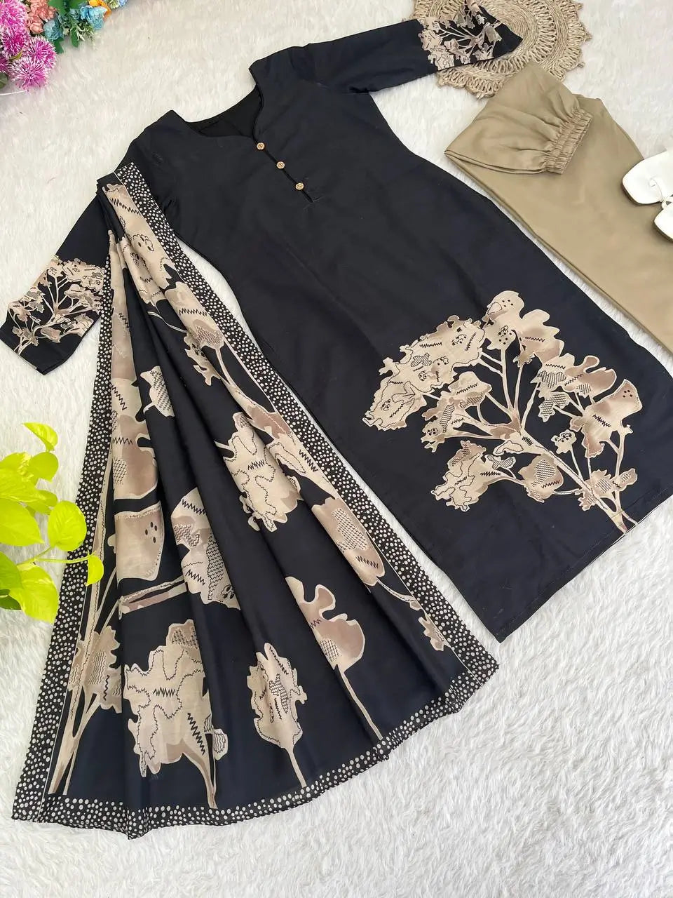 Black Muslin Floral Print Kurti Set with Dupatta