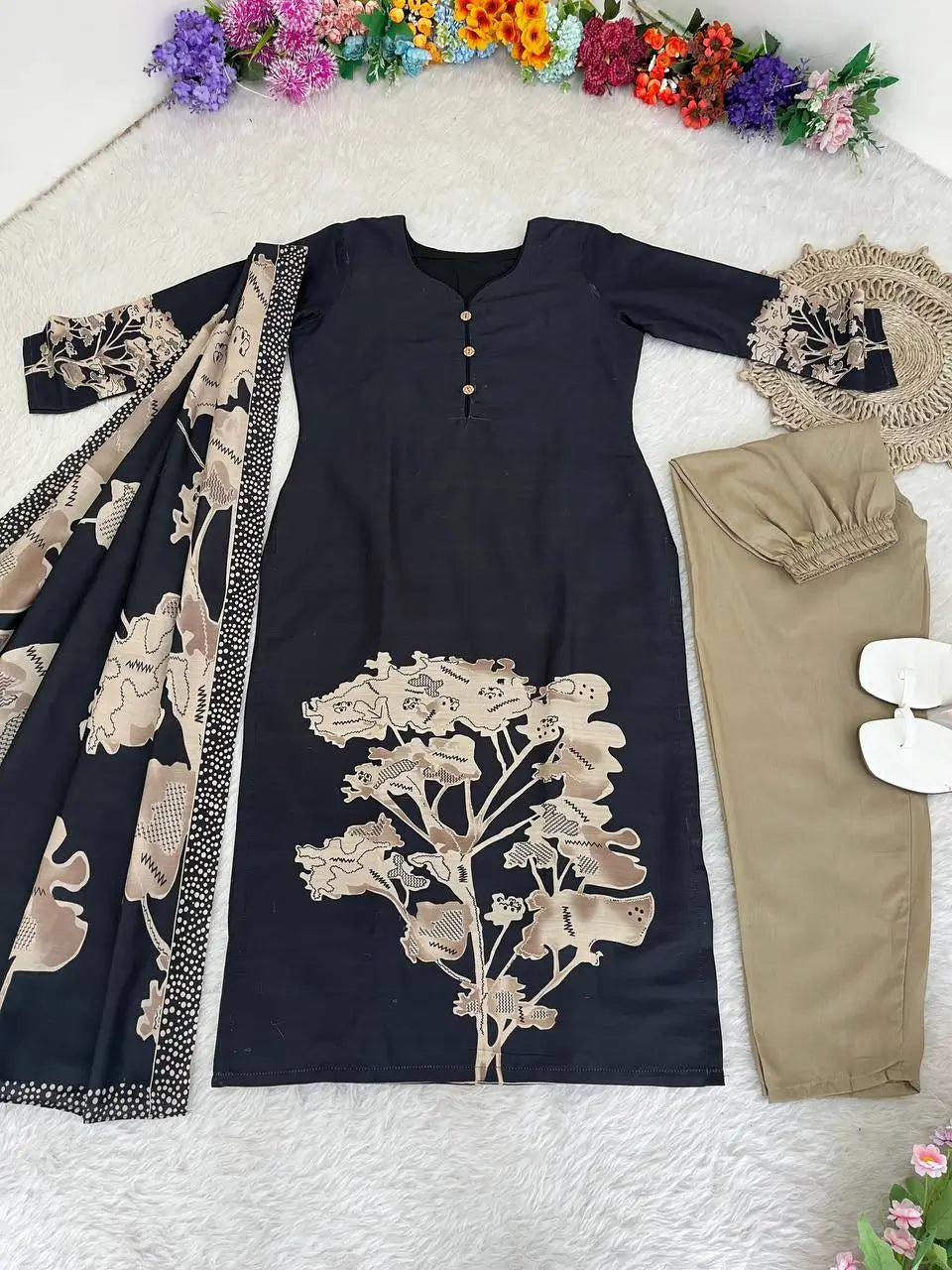Black Muslin Floral Print Kurti Set with Dupatta