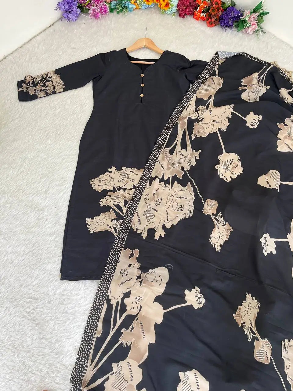 Black Muslin Floral Print Kurti Set with Dupatta