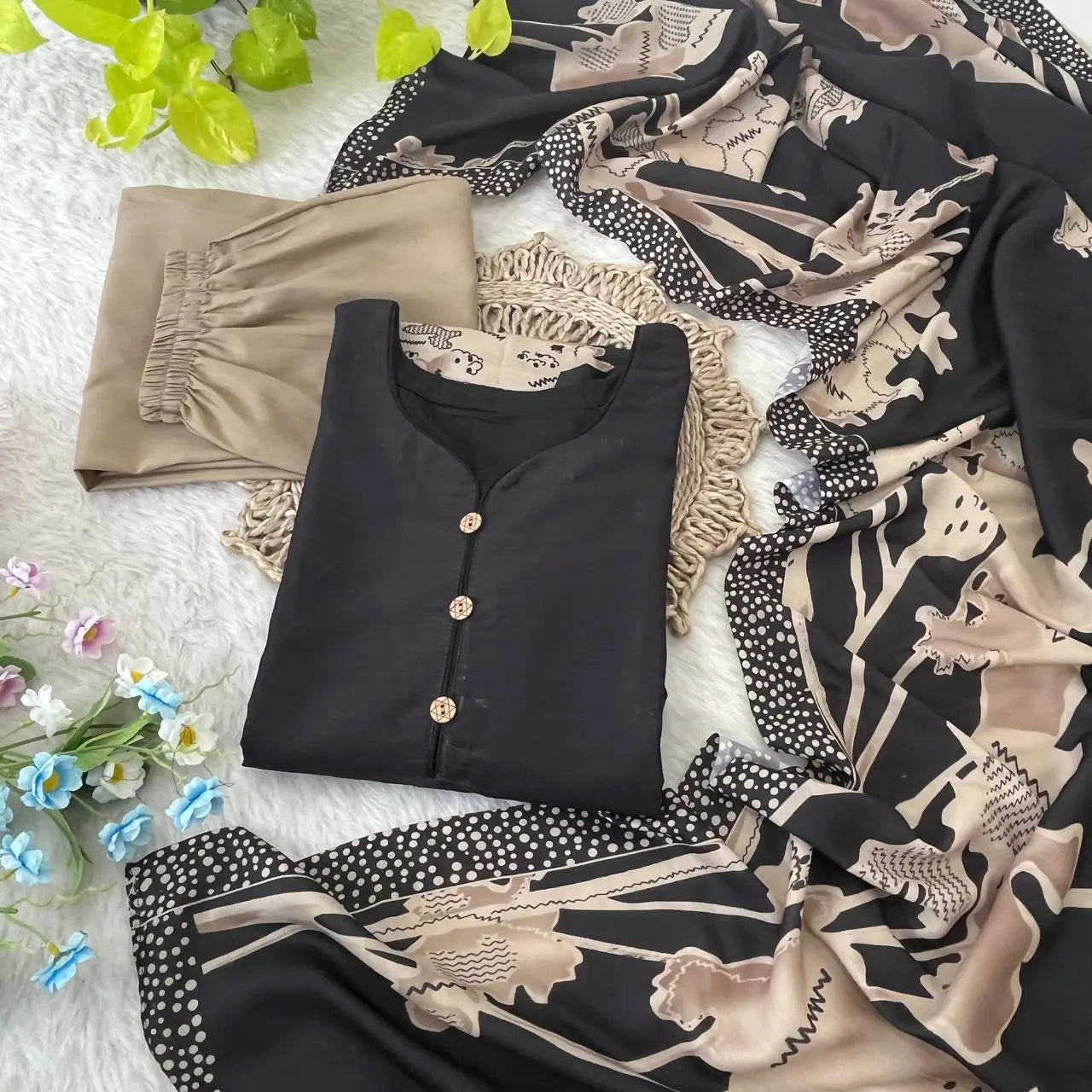 Black Muslin Floral Print Kurti Set with Dupatta