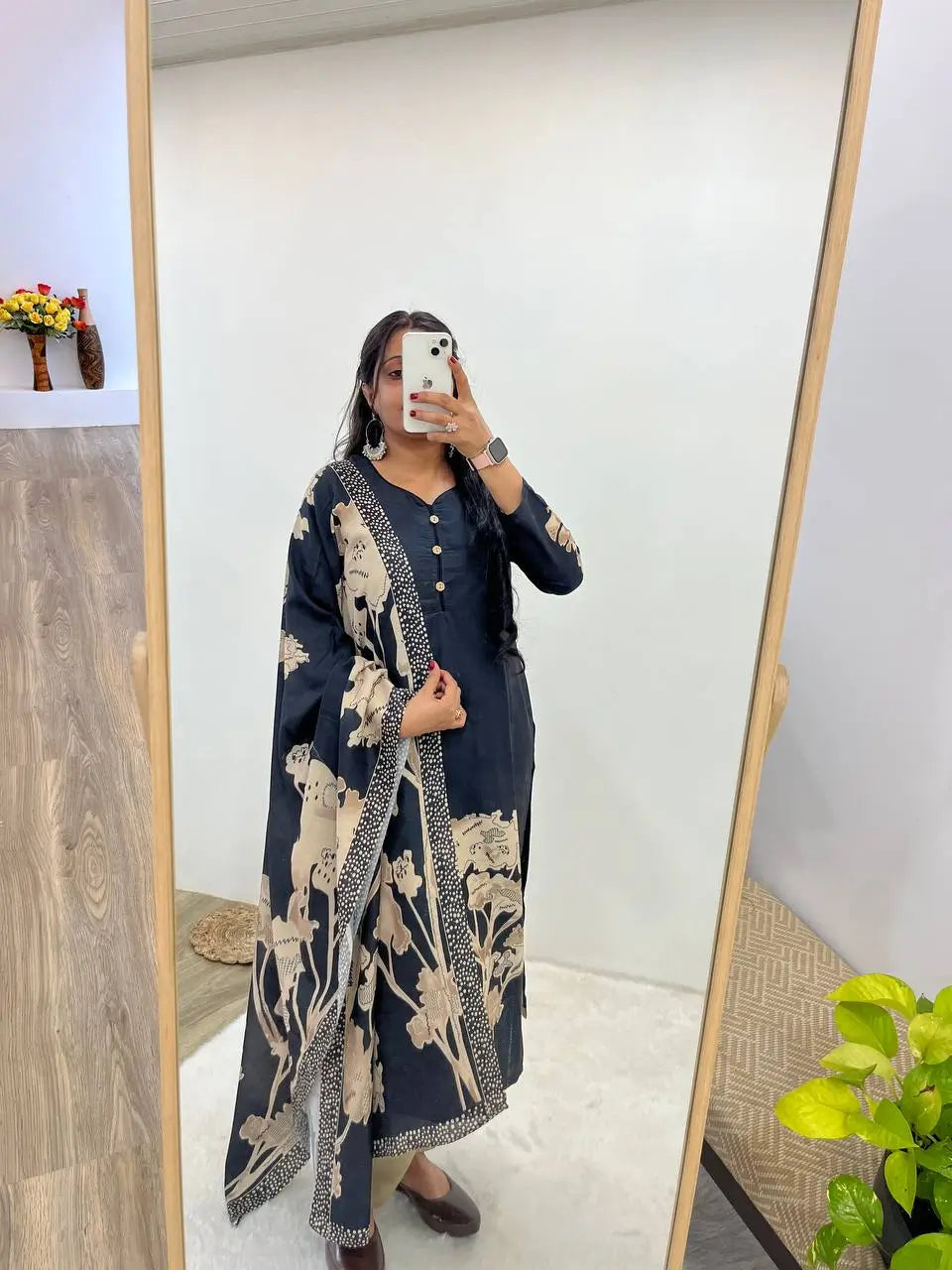 Black Muslin Floral Print Kurti Set with Dupatta
