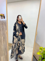 Black Muslin Floral Print Kurti Set with Dupatta