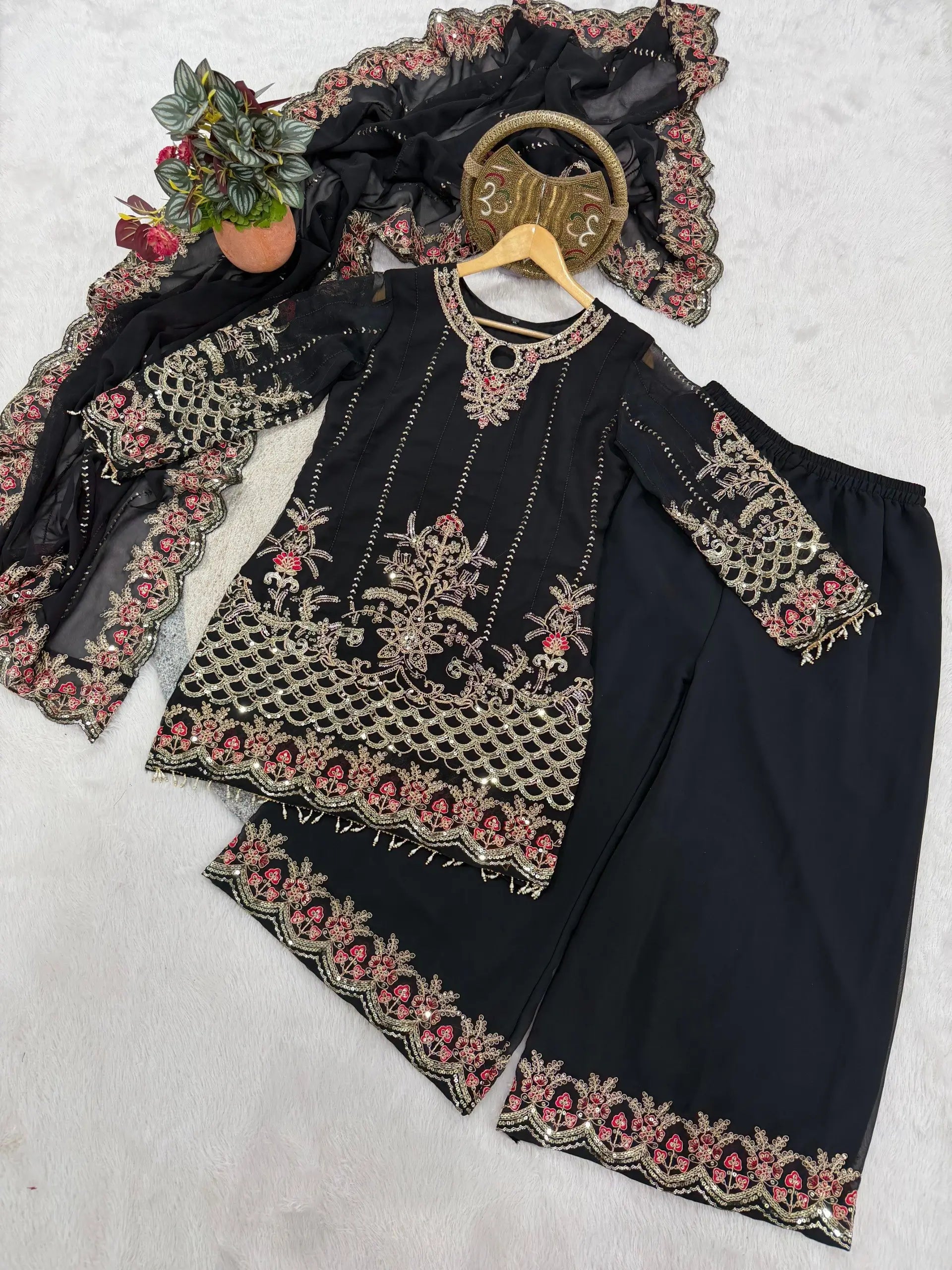 Black & Pink Georgette Embroidered Sharara Set
