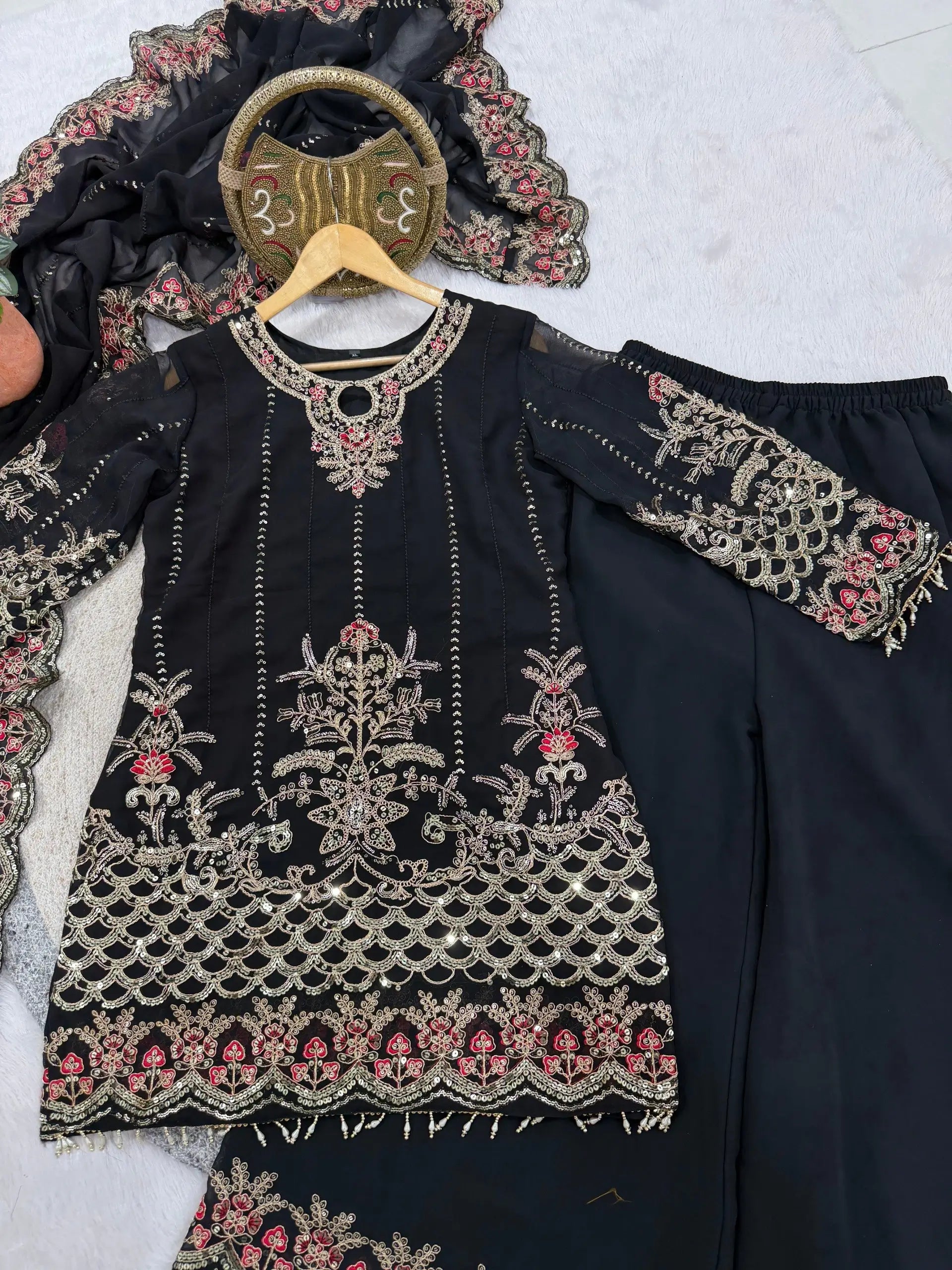 Black & Pink Georgette Embroidered Sharara Set