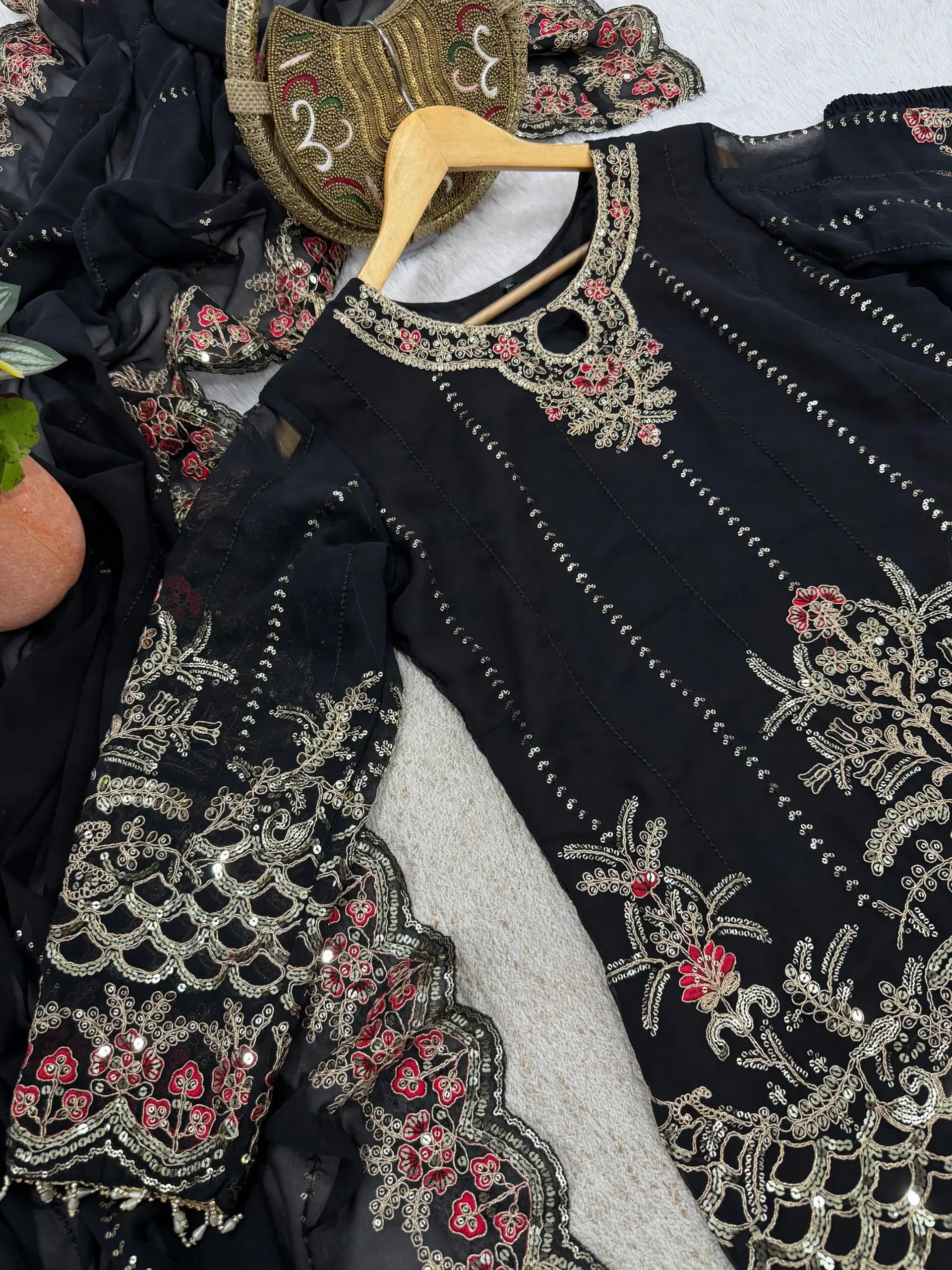 Black & Pink Georgette Embroidered Sharara Set
