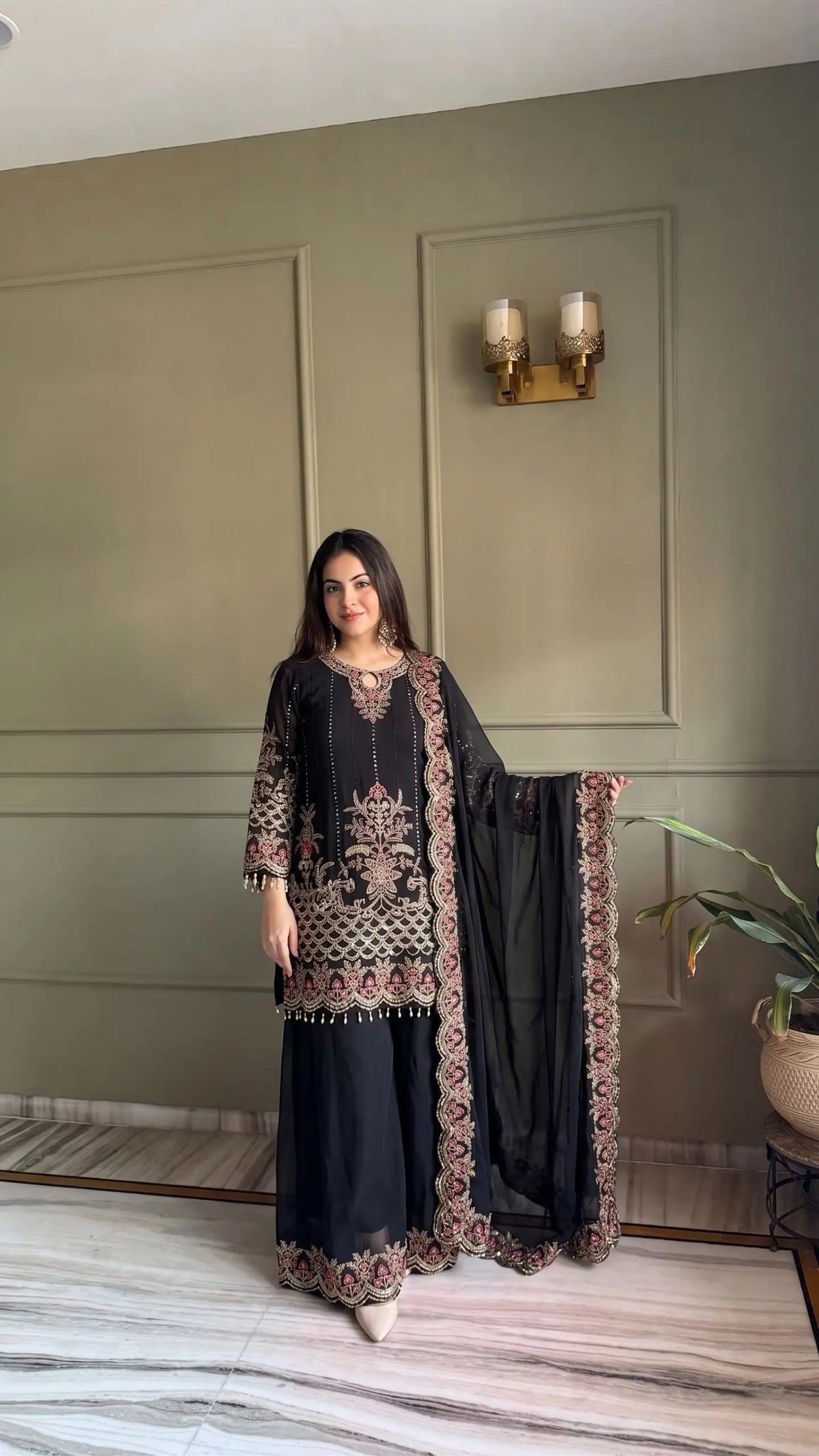 Black & Pink Georgette Embroidered Sharara Set