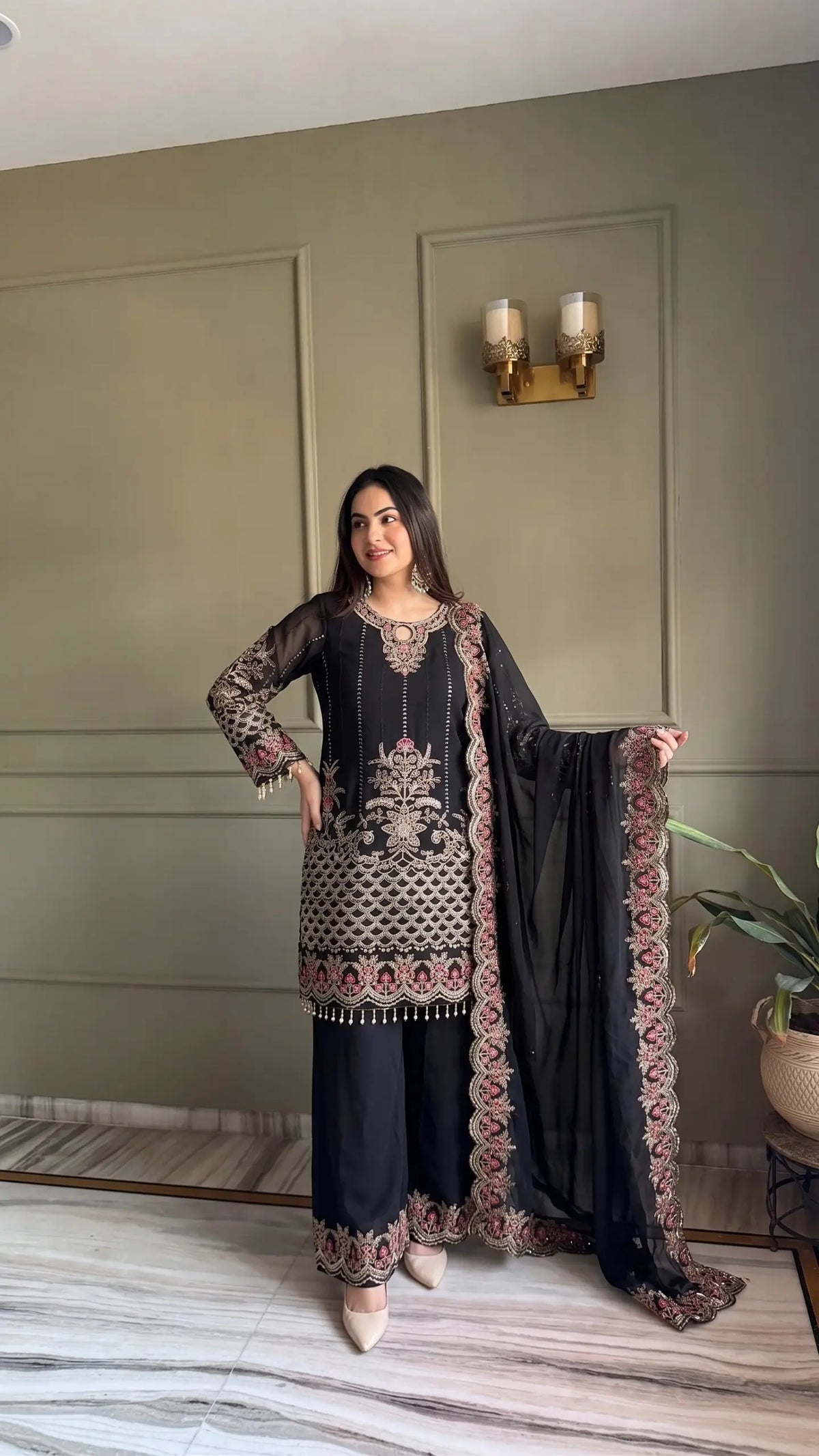 Black & Pink Georgette Embroidered Sharara Set