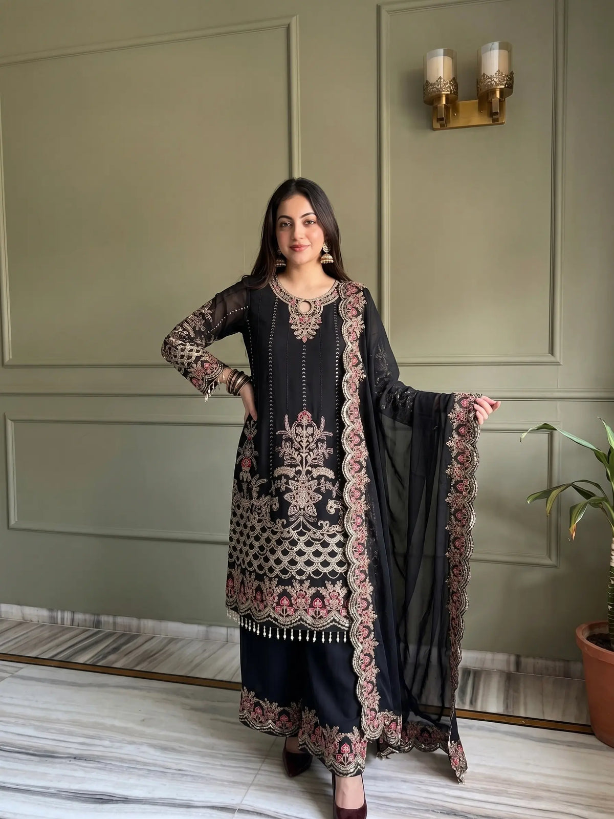 Black & Pink Georgette Embroidered Sharara Set