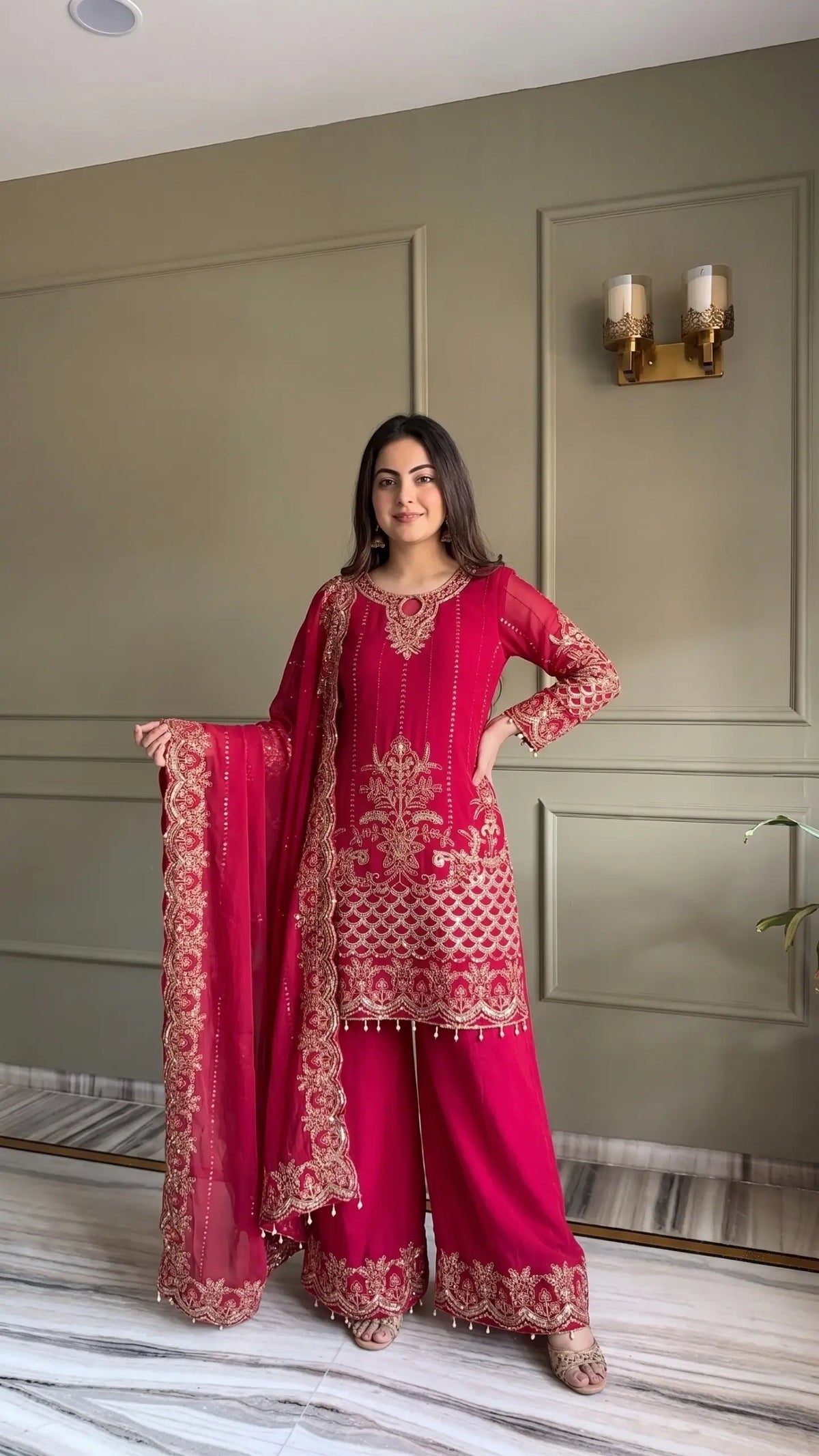 Black & Pink Georgette Embroidered Sharara Set