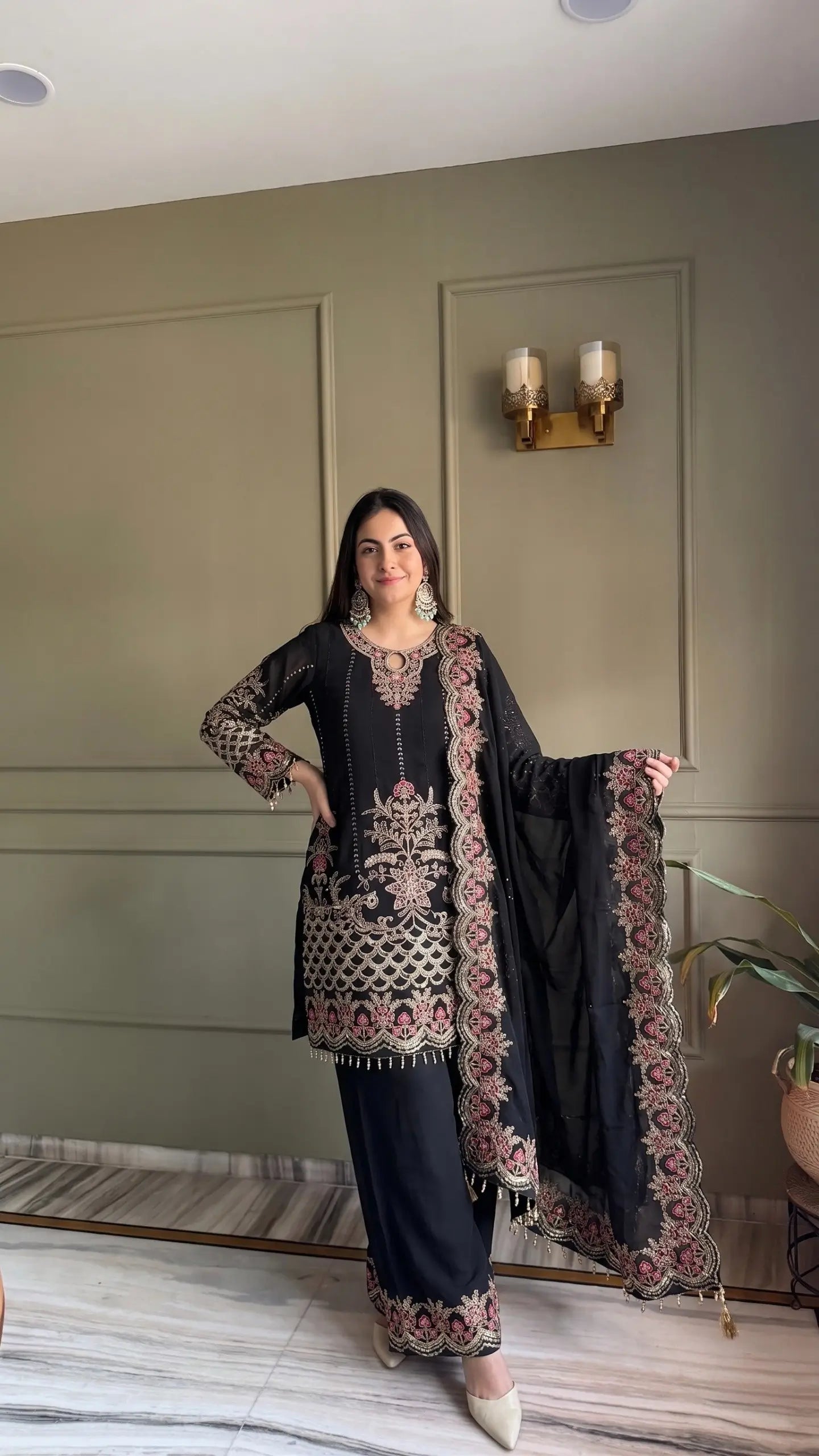 Black & Pink Georgette Embroidered Sharara Set
