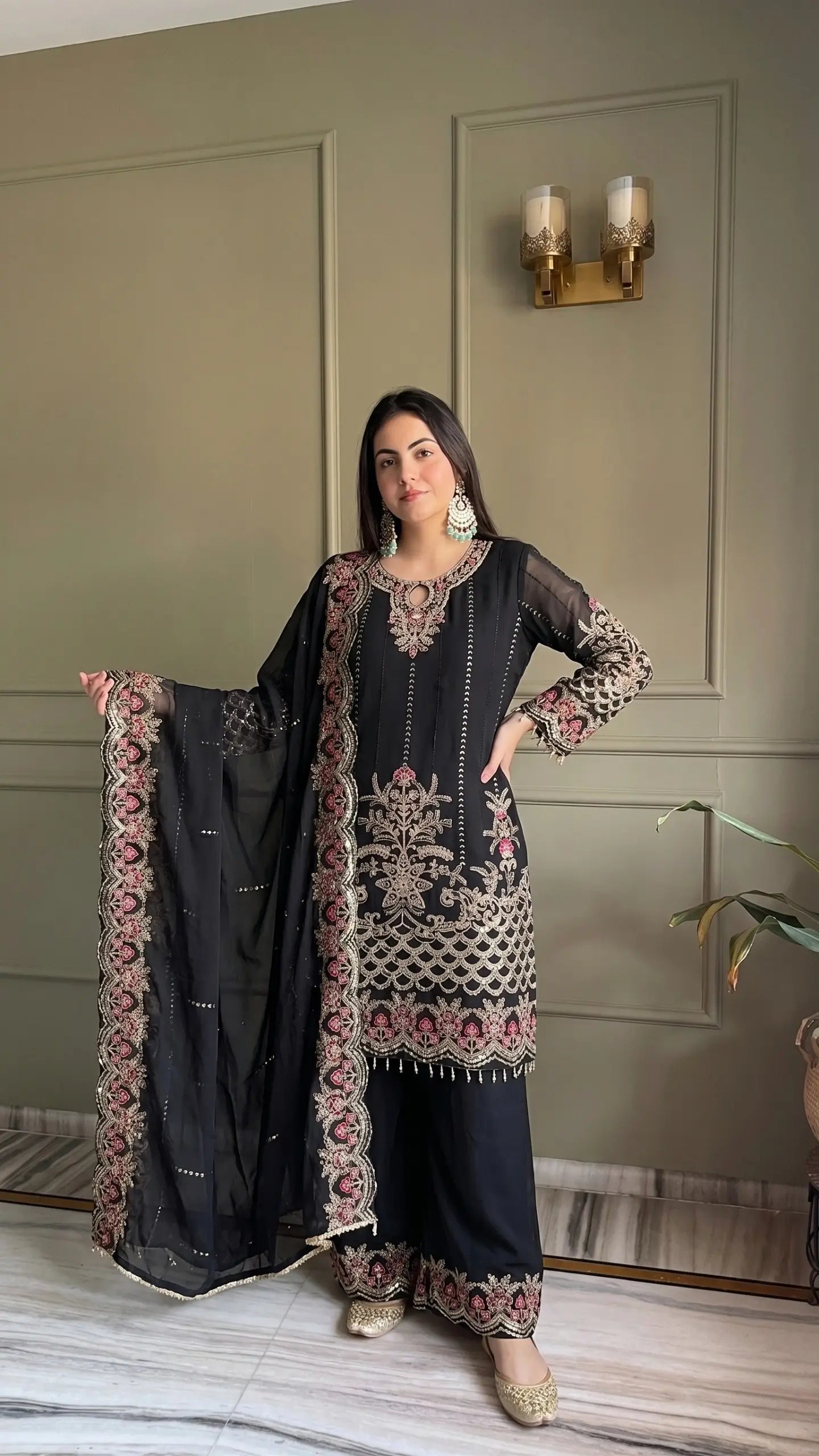 Black & Pink Georgette Embroidered Sharara Set