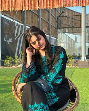 Black Pure Cotton Embroidered Suit with Mirror Work, Pant & Dupatta – Ready to Wear