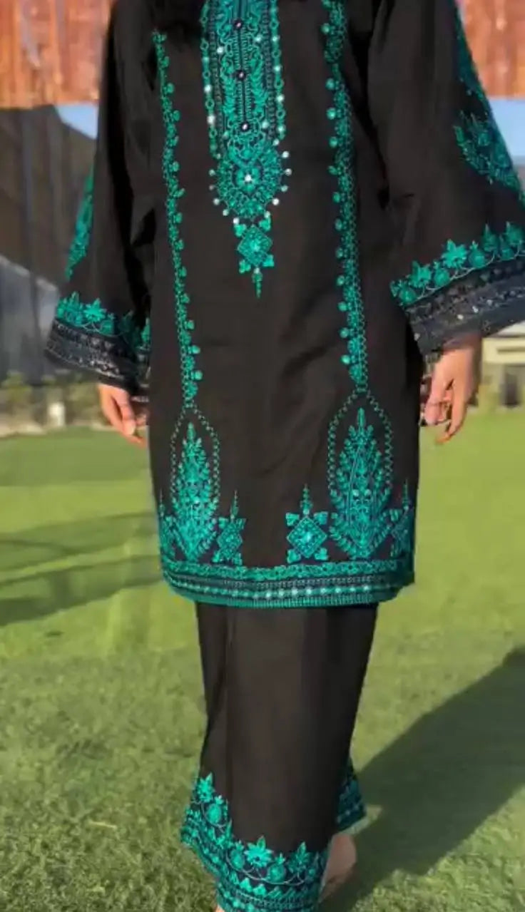 Black Pure Cotton Embroidered Suit with Mirror Work, Pant & Dupatta – Ready to Wear