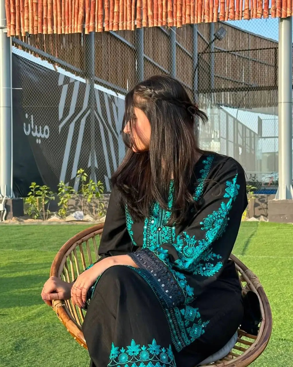 Black Pure Cotton Embroidered Suit with Mirror Work, Pant & Dupatta – Ready to Wear