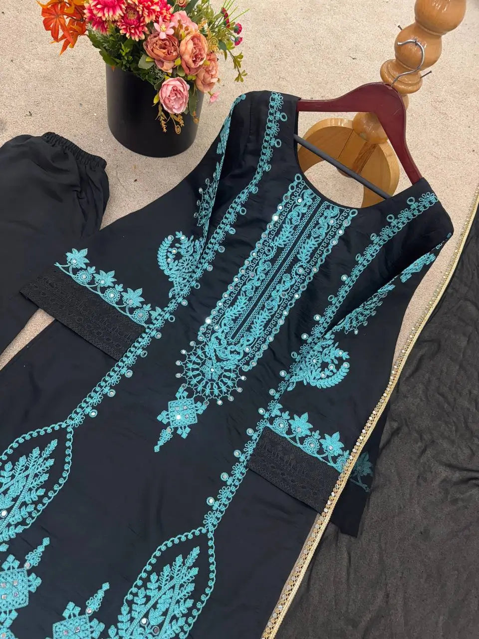 Black Pure Cotton Embroidered Suit with Mirror Work, Pant & Dupatta – Ready to Wear
