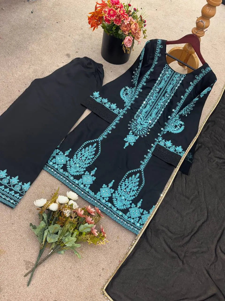 Black Pure Cotton Embroidered Suit with Mirror Work, Pant & Dupatta – Ready to Wear