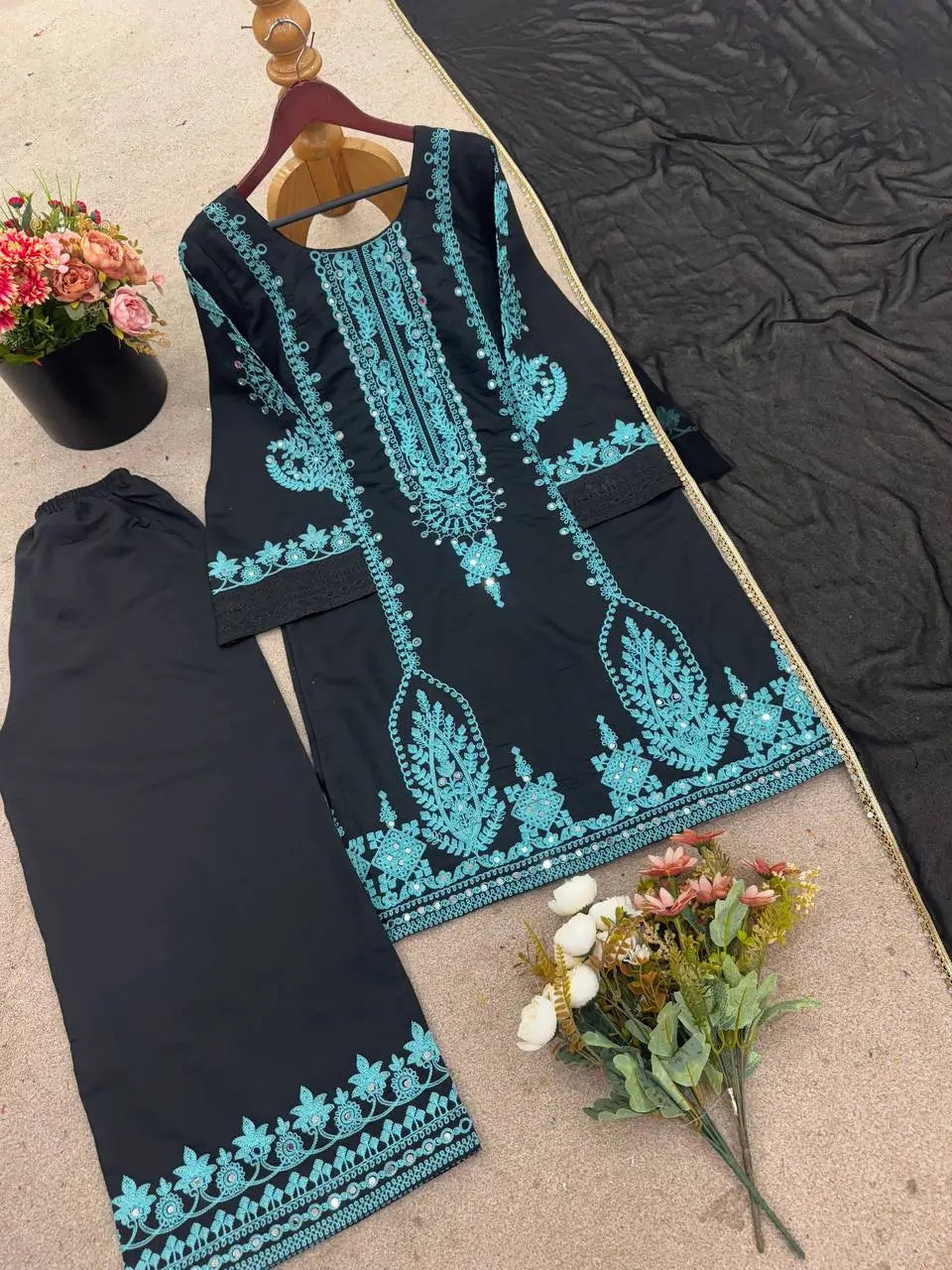 Black Pure Cotton Embroidered Suit with Mirror Work, Pant & Dupatta – Ready to Wear
