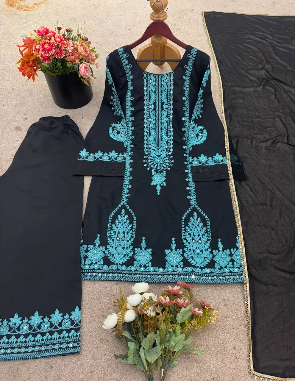 Black Pure Cotton Embroidered Suit with Mirror Work, Pant & Dupatta – Ready to Wear