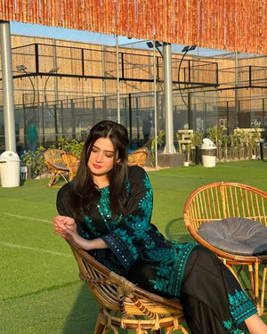 Black Pure Cotton Embroidered Suit with Mirror Work, Pant & Dupatta – Ready to Wear