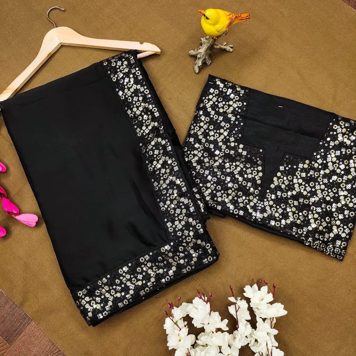 Black Rangoli Silk Saree with Designer Sequence Embroidery and Thread Work