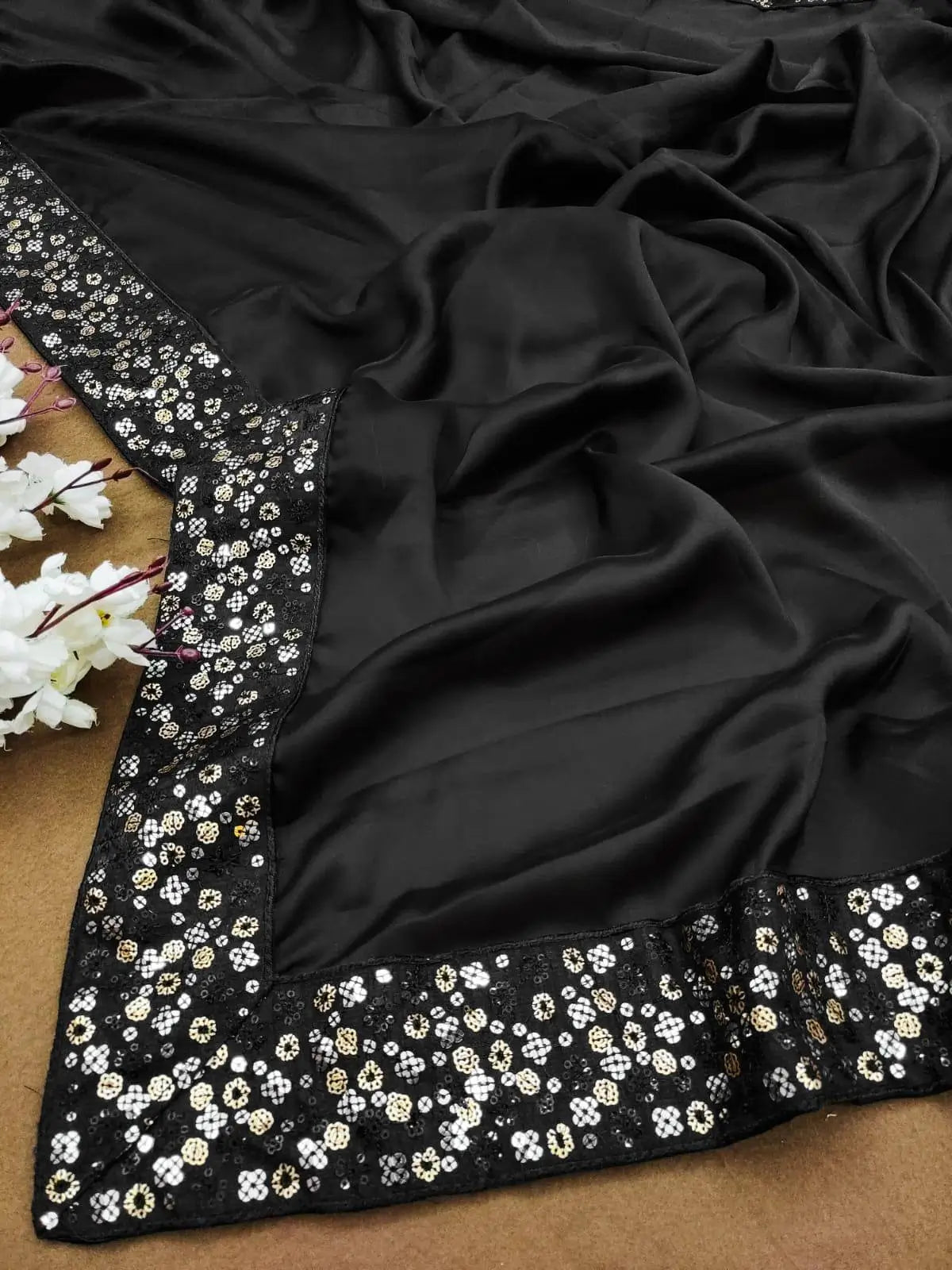 Black Rangoli Silk Saree with Designer Sequence Embroidery and Thread Work