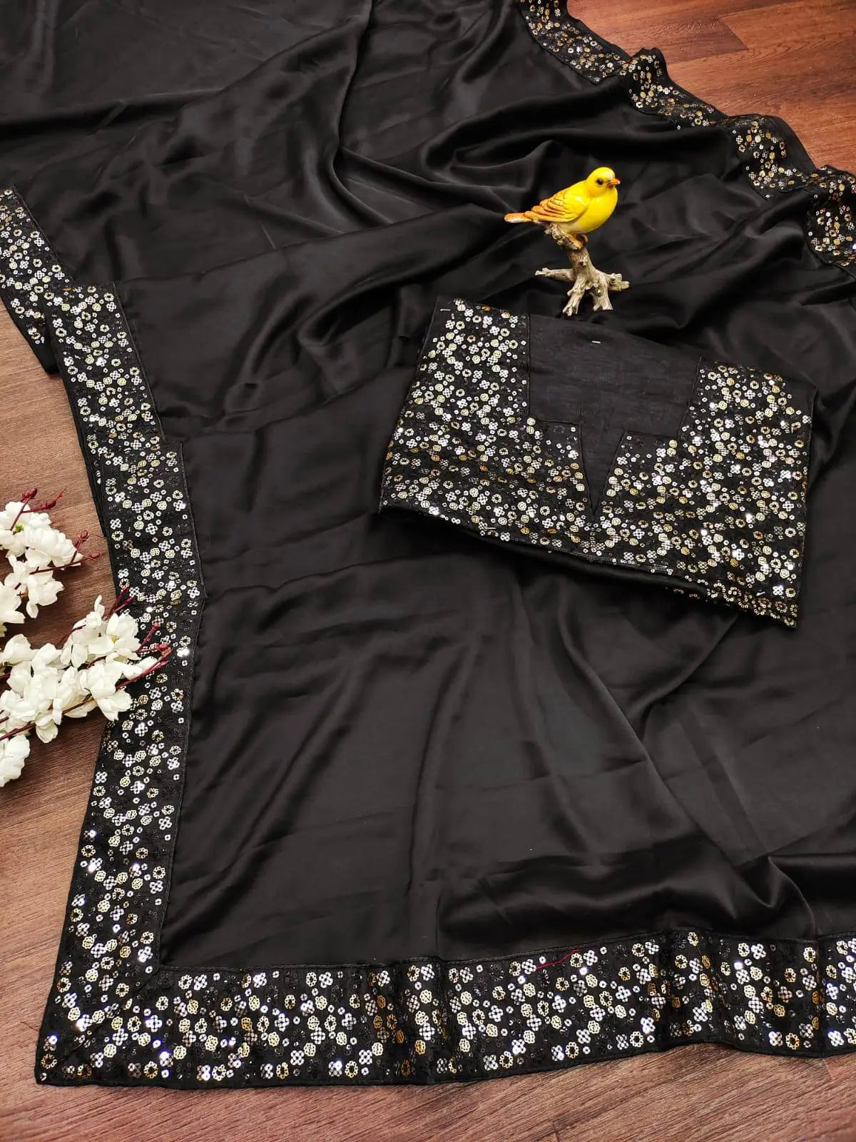 Black Rangoli Silk Saree with Designer Sequence Embroidery and Thread Work