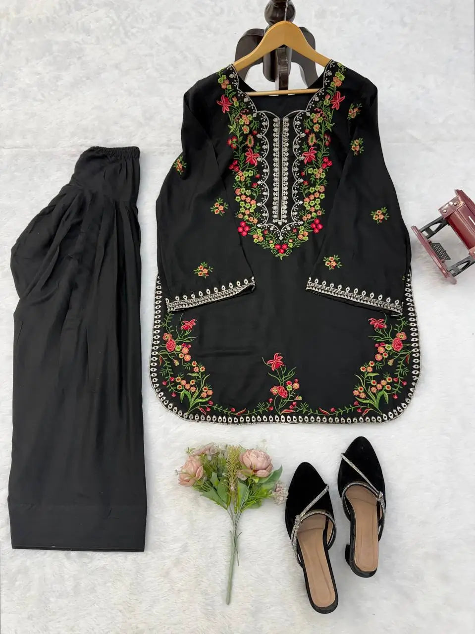 Black Rayon Kurta with Farshi Salwar Set