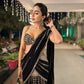Black & Red Ready-to-Wear Mirror Work Faux Georgette Saree Set