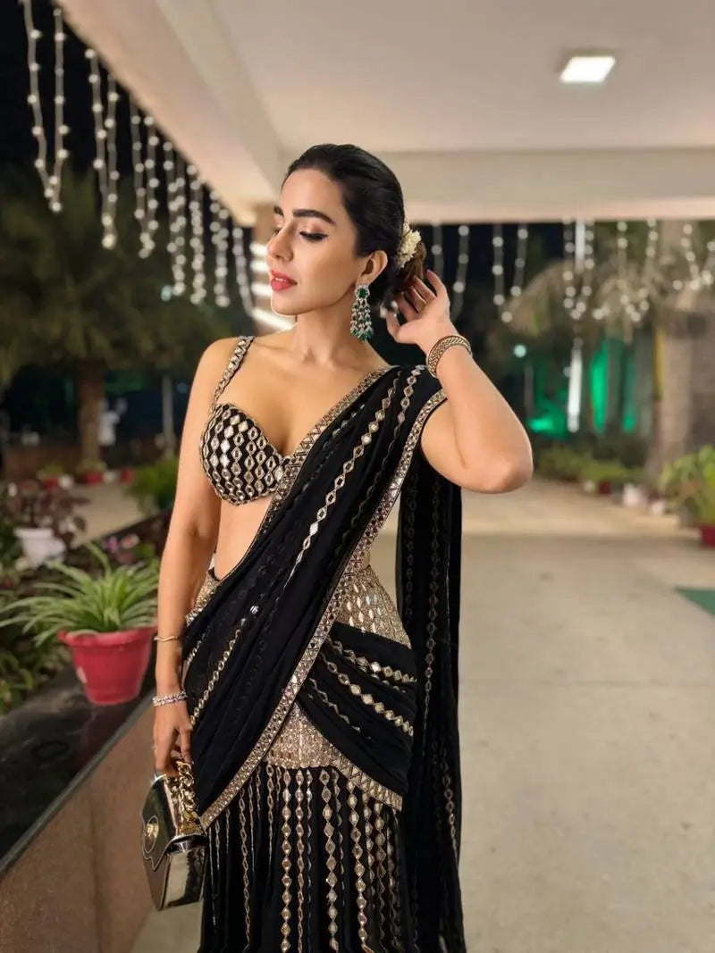 Black & Red Ready-to-Wear Mirror Work Faux Georgette Saree Set