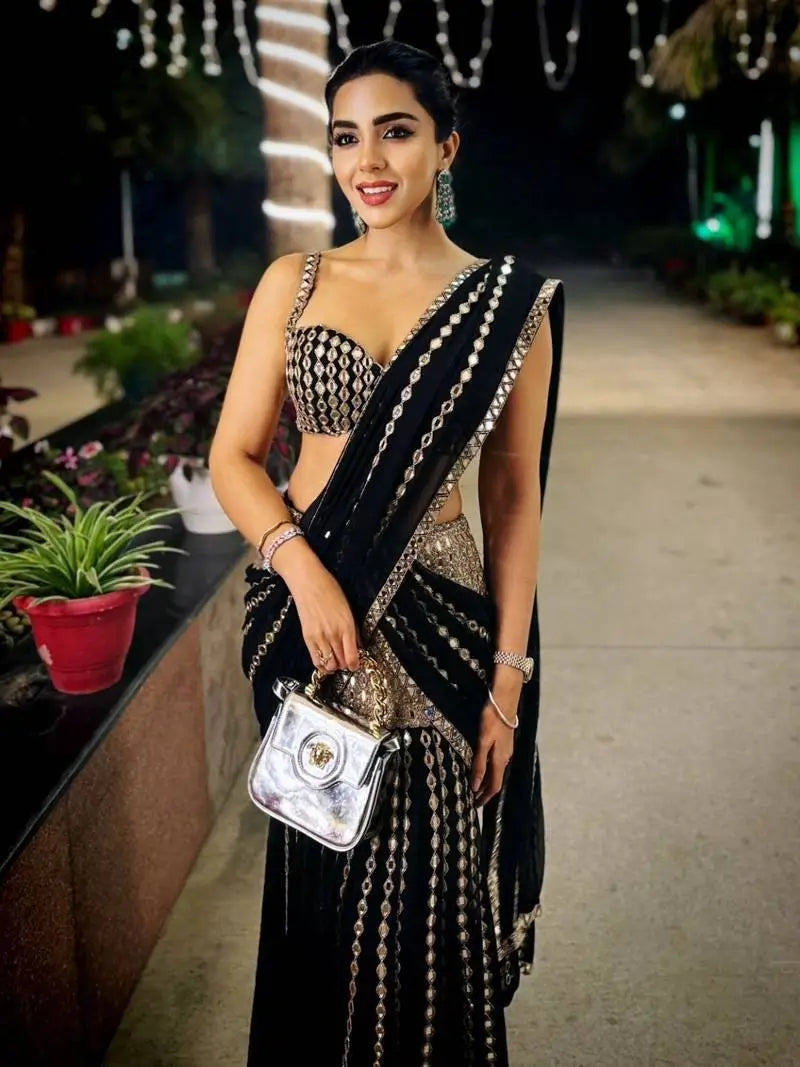 Black & Red Ready-to-Wear Mirror Work Faux Georgette Saree Set