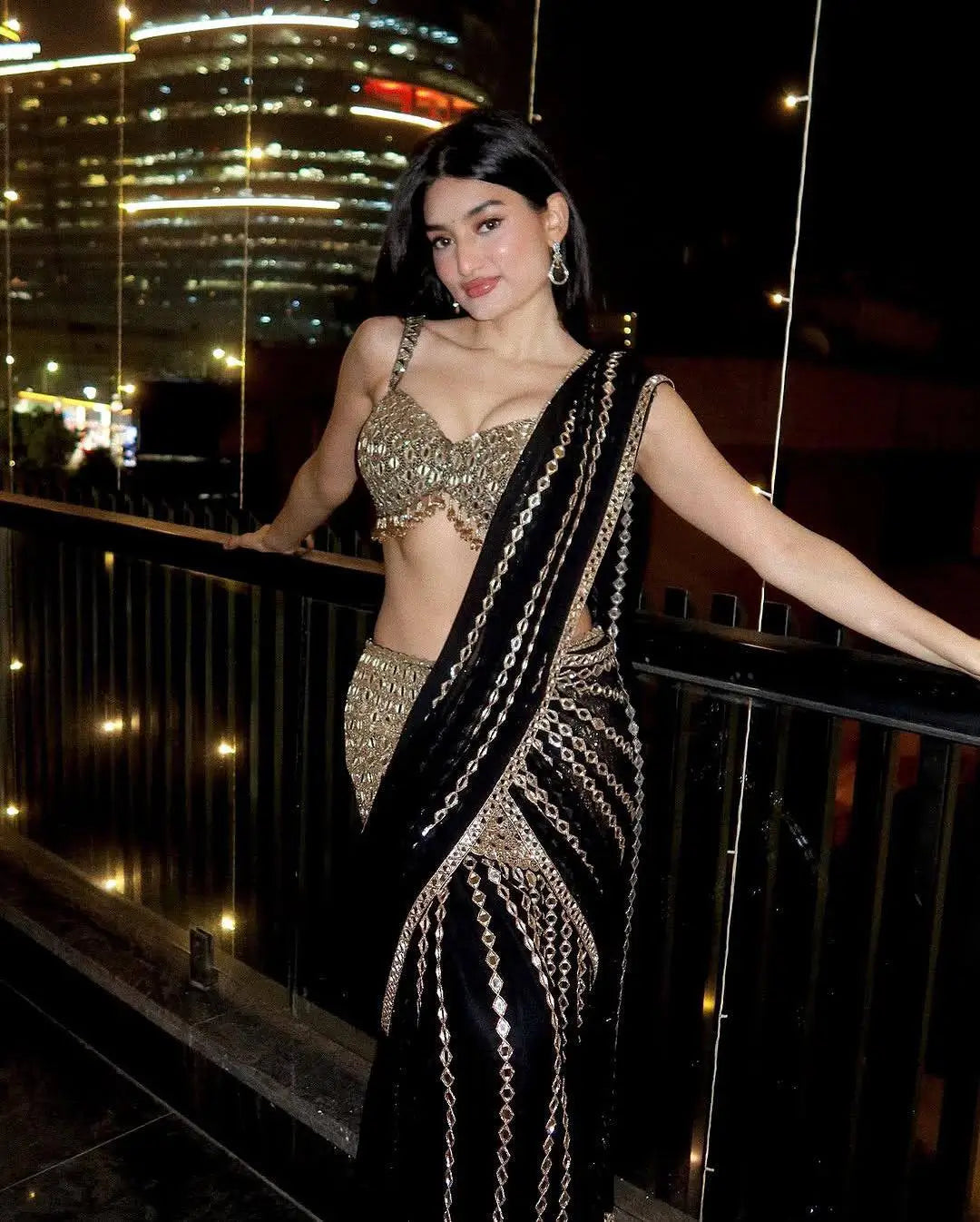 Black & Red Ready-to-Wear Mirror Work Faux Georgette Saree Set
