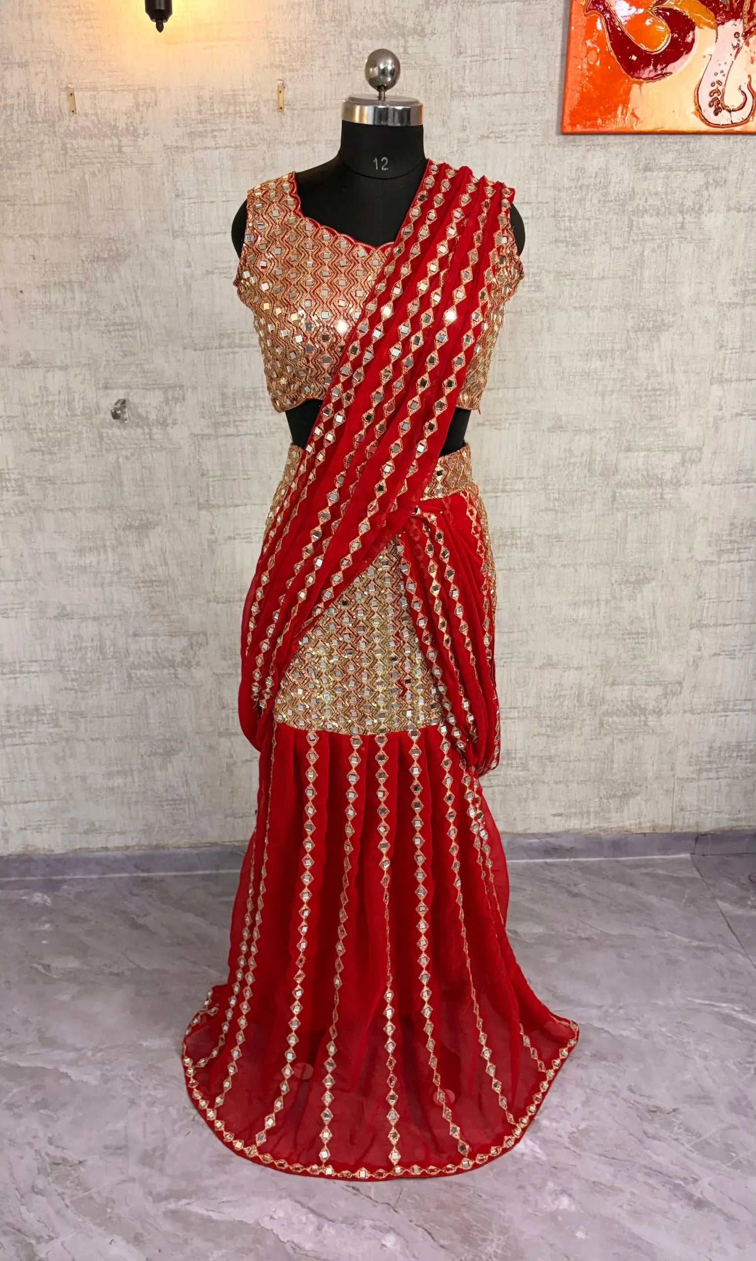 Black & Red Ready-to-Wear Mirror Work Faux Georgette Saree Set
