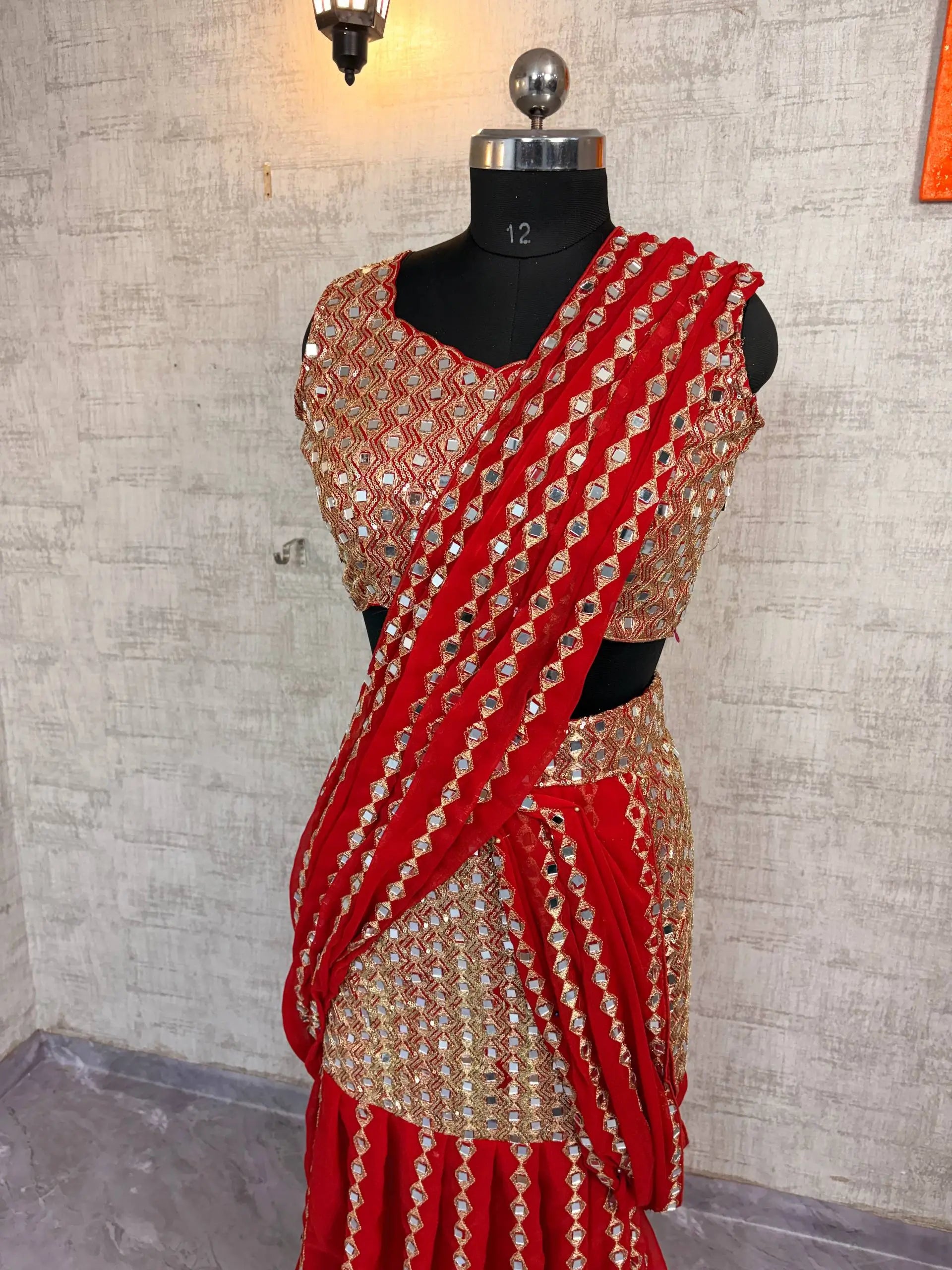 Black & Red Ready-to-Wear Mirror Work Faux Georgette Saree Set