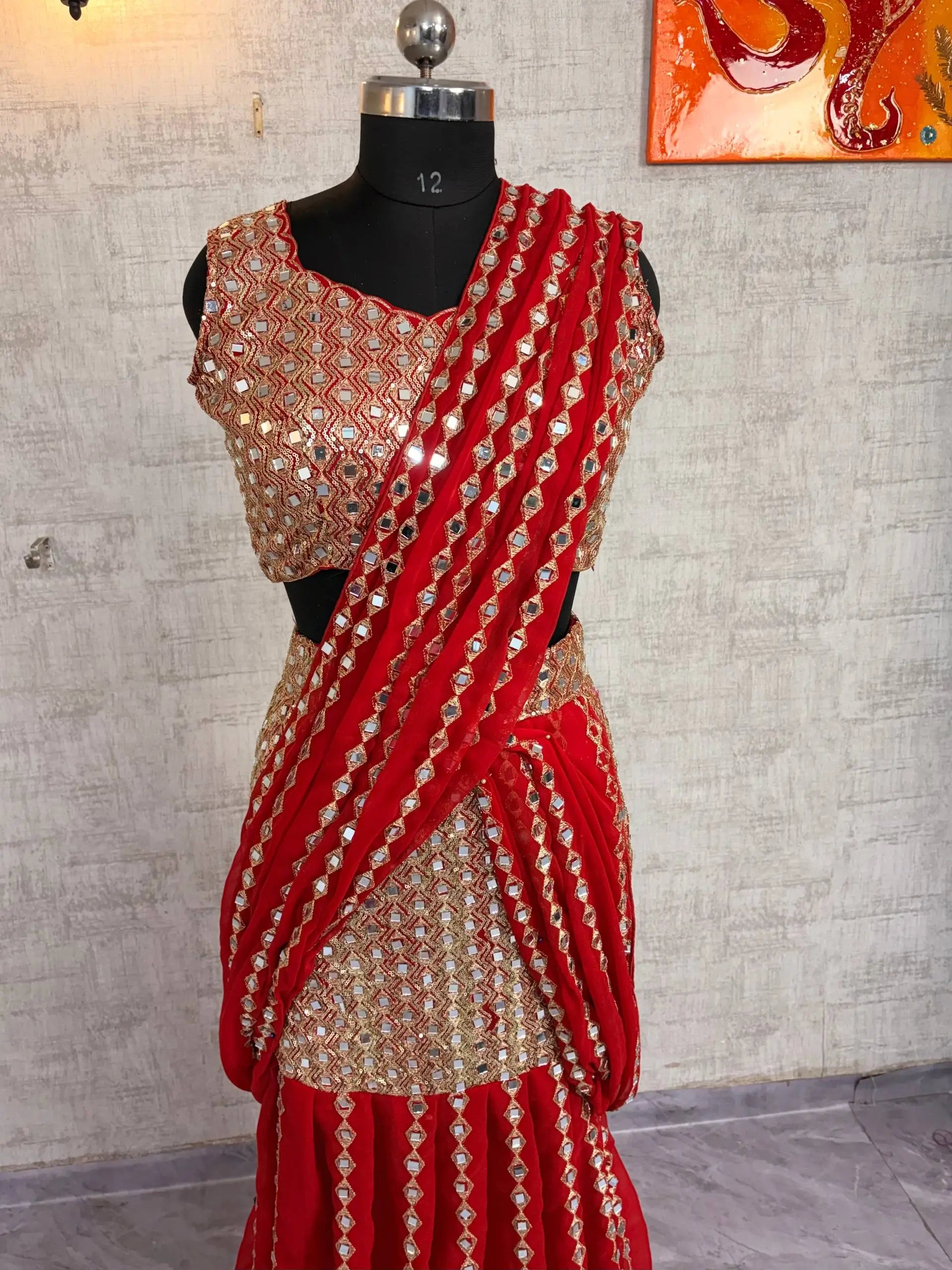 Black & Red Ready-to-Wear Mirror Work Faux Georgette Saree Set