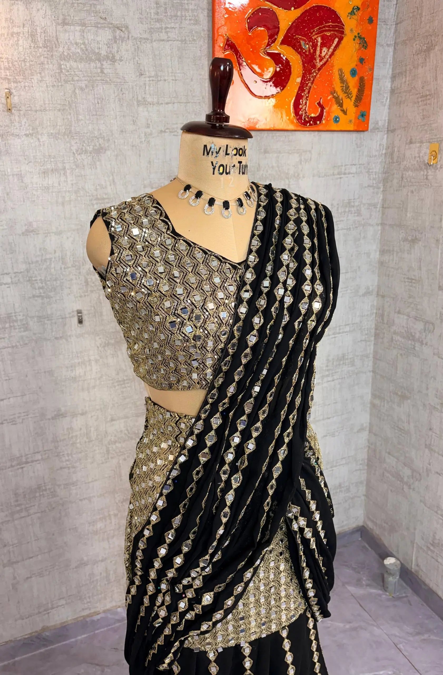 Black & Red Ready-to-Wear Mirror Work Faux Georgette Saree Set