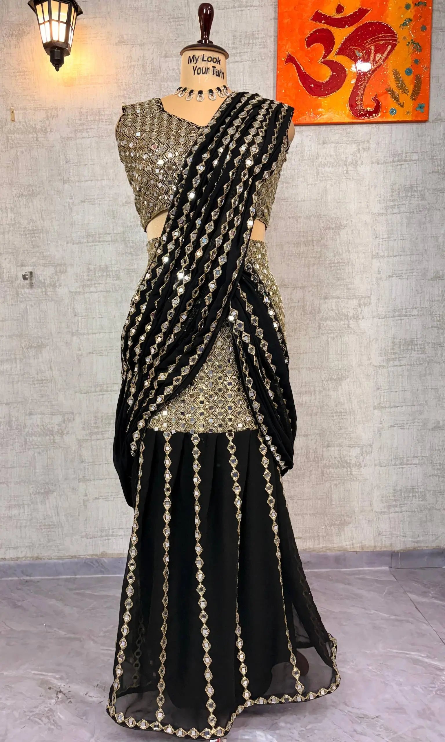 Black & Red Ready-to-Wear Mirror Work Faux Georgette Saree Set