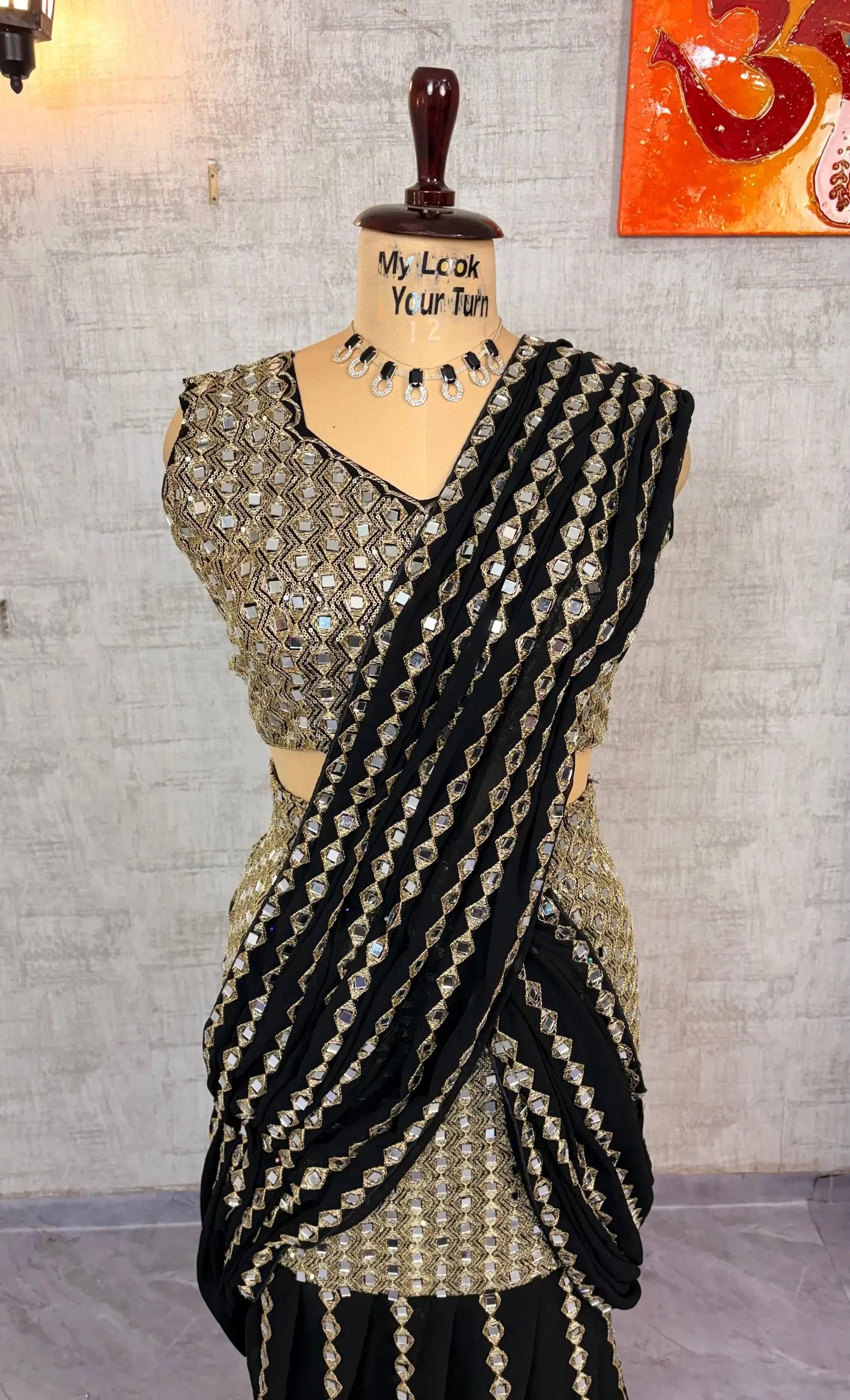 Black & Red Ready-to-Wear Mirror Work Faux Georgette Saree Set