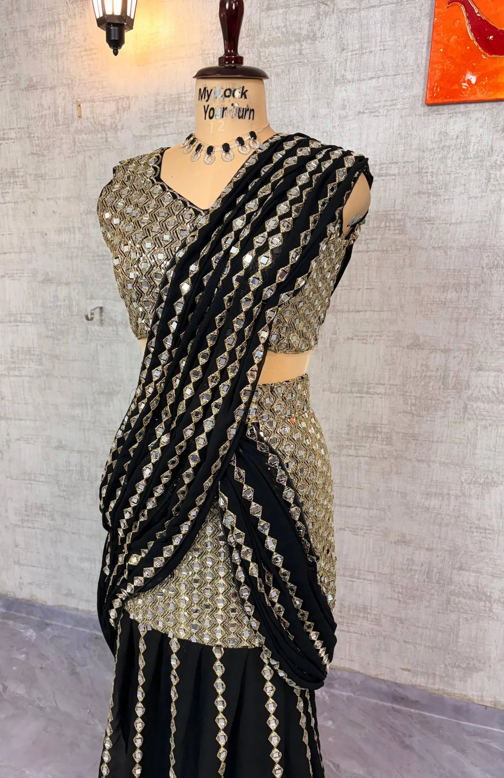 Black & Red Ready-to-Wear Mirror Work Faux Georgette Saree Set