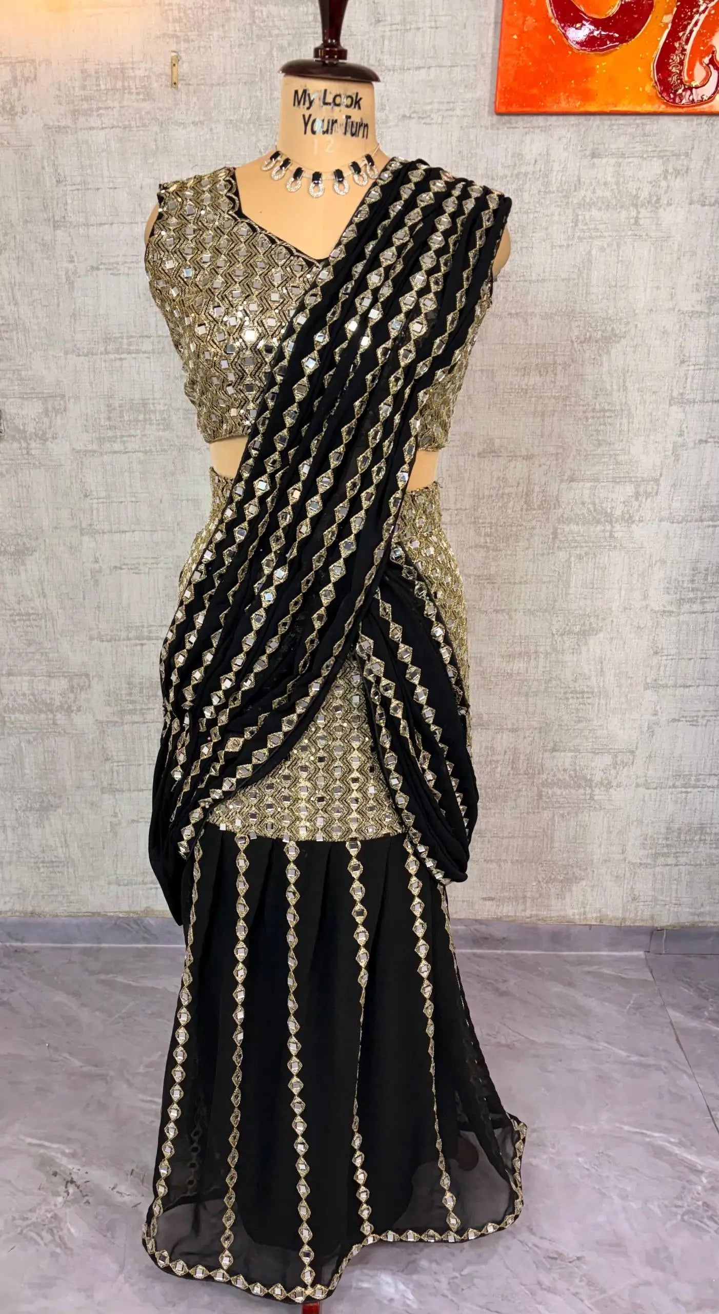 Black & Red Ready-to-Wear Mirror Work Faux Georgette Saree Set