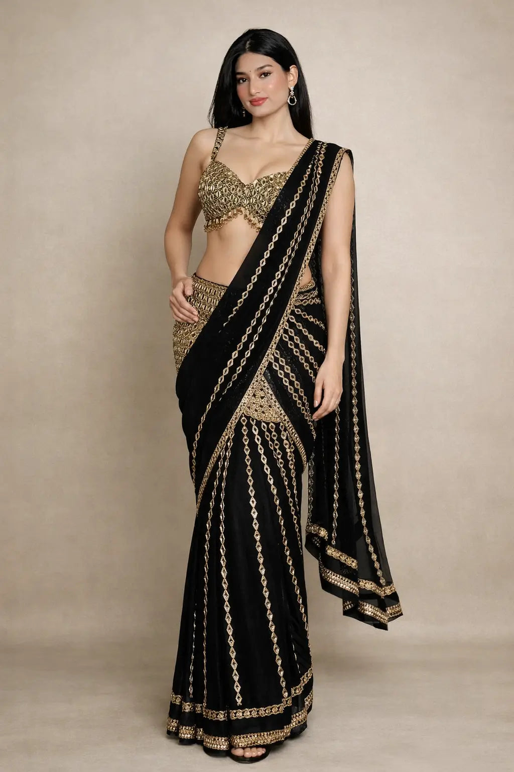 Black & Red Ready-to-Wear Mirror Work Faux Georgette Saree Set