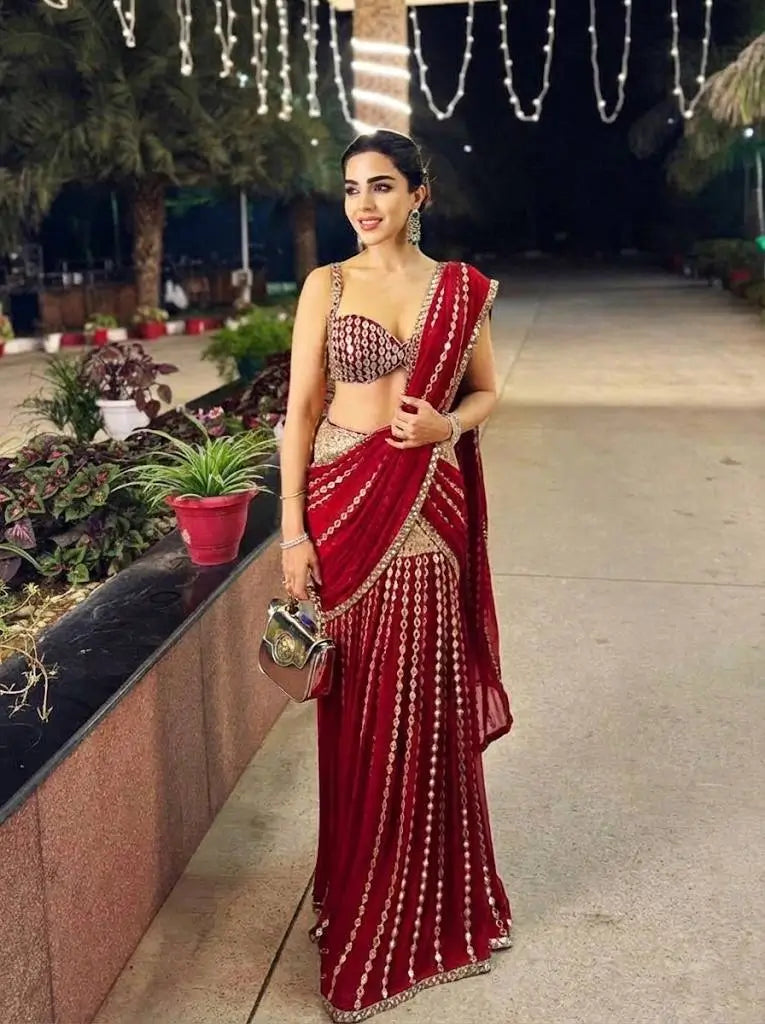 Black & Red Ready-to-Wear Mirror Work Faux Georgette Saree Set