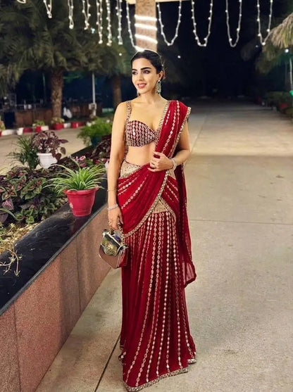 Black & Red Ready-to-Wear Mirror Work Faux Georgette Saree Set