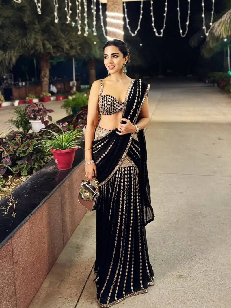 Black & Red Ready-to-Wear Mirror Work Faux Georgette Saree Set